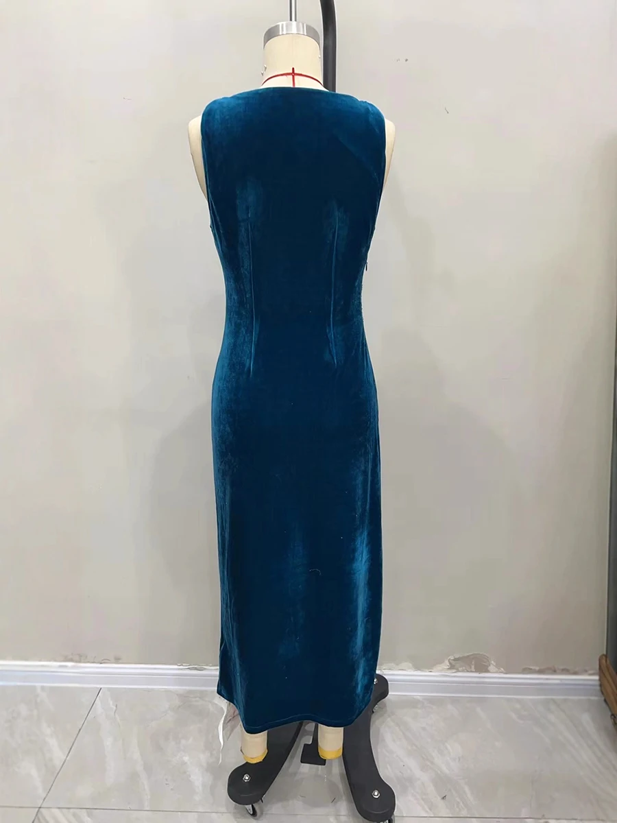 2026 المخملية فستان بلا أكمام المرأة موضة مساء فستان الحفلات سيدة أنيقة Verstidos جديد التخسيس صالح السباغيتي فستان بحزام طويل #6