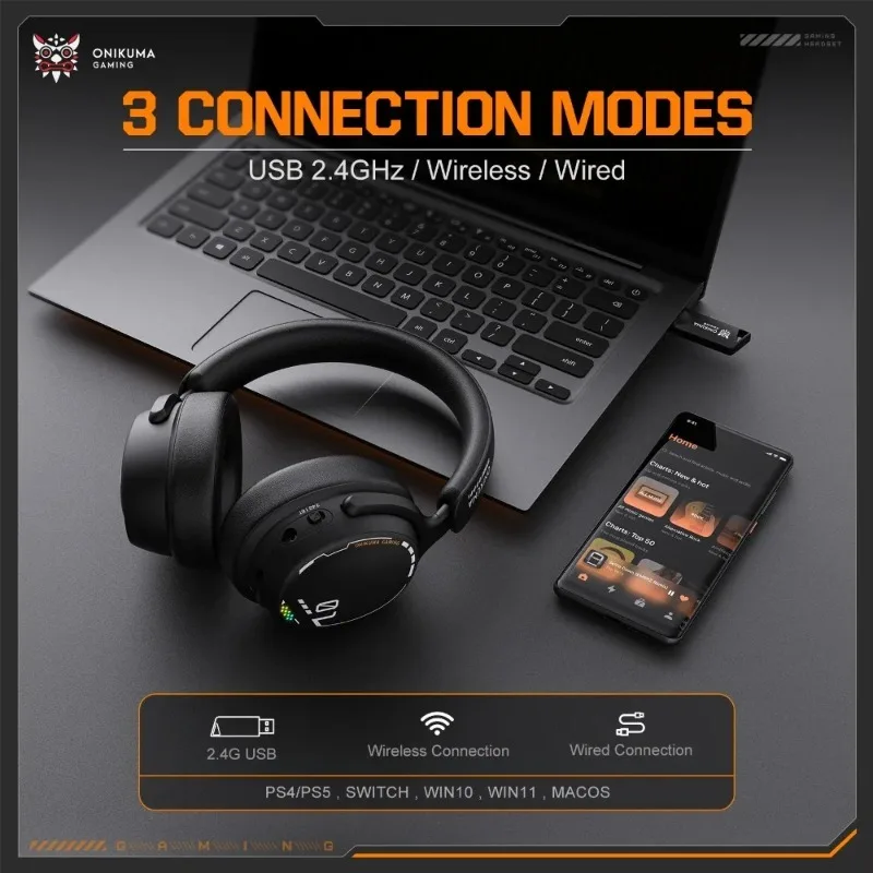ONIKUMA GT886 Gaming Headset Tri Mode Wireless Bluetooth 2.4G Wired Low Latency Detachable Mic 60H Playtime For PC PS5 Switch