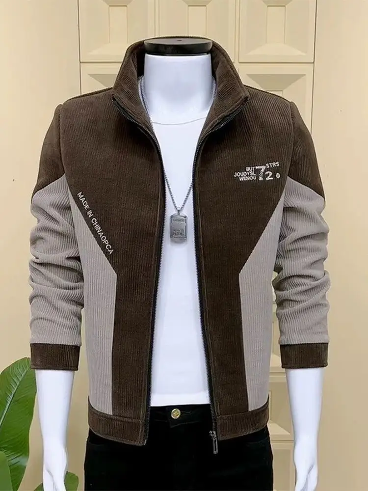 

2025 New Autumn Winter Men's Jaet Korean Sle Slim Fit Stand Collar Patchwork All-In-One Velvet Casual Faion Outerwear