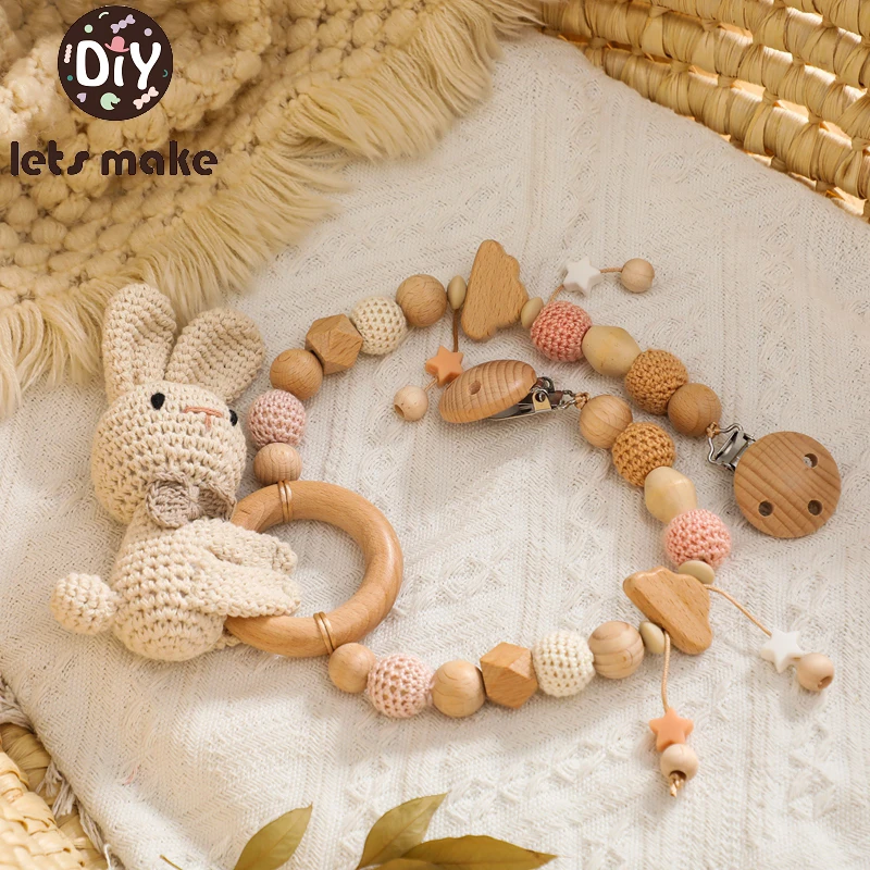 Let's Make Baby Wooden Gym Stroller Bunny Hanging Pendant Toy Crochet Animal Pendant Bead Bracelet Infant Crib Mobile Rattle Toy