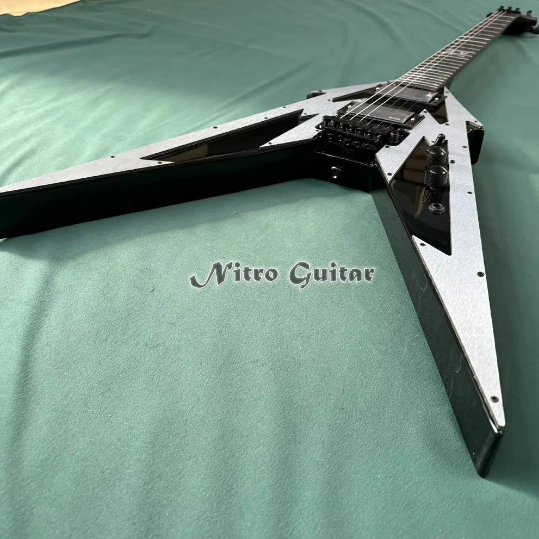 V Shape Solid Body Electric Guitar, Silver Brushed Metal Finish with Black Geometric Cutaway, HH Humbucker Pickups