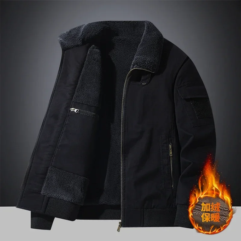 Jacket Men Simple High-end New Pure Cotton Washed Cotton Jacket Men Winter Velvet Fur Collar Top Retro Lapel Workwear Jacket