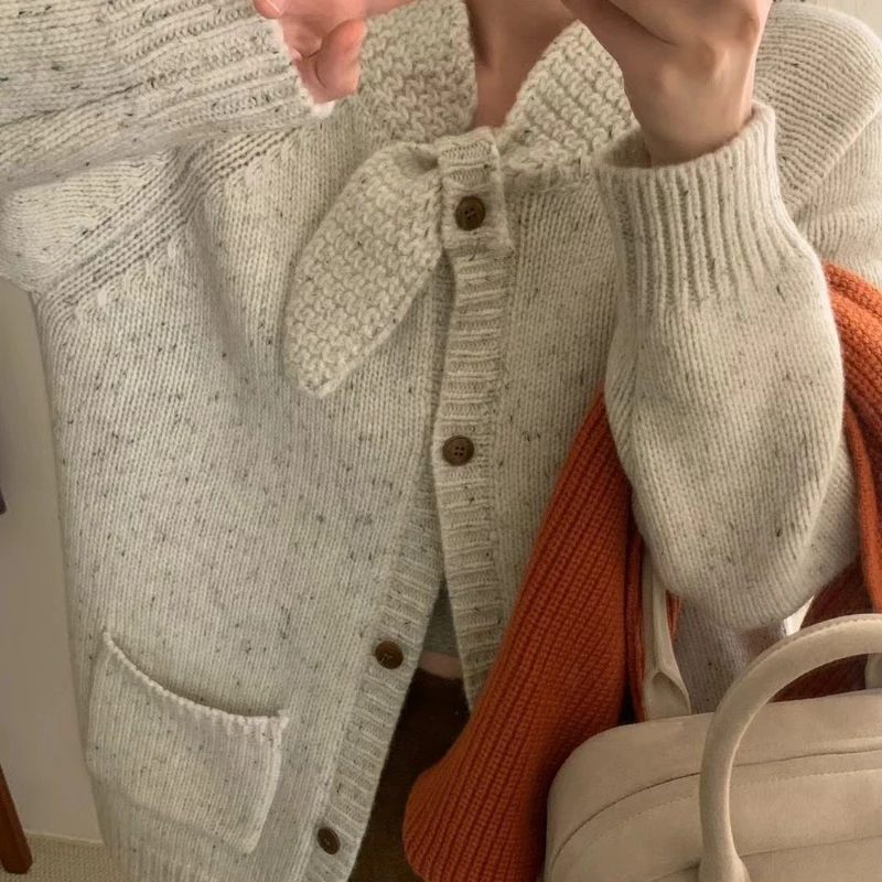 Korean version women's neckline design thickened knitted cardigan autumn and winter new single breasted sweater jacket