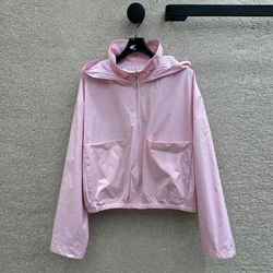 2024 New Autumn Fashion Stripes Lining Hooded Wide Sleeve Jacket Women Pockets Buttons Sweet Short Coat