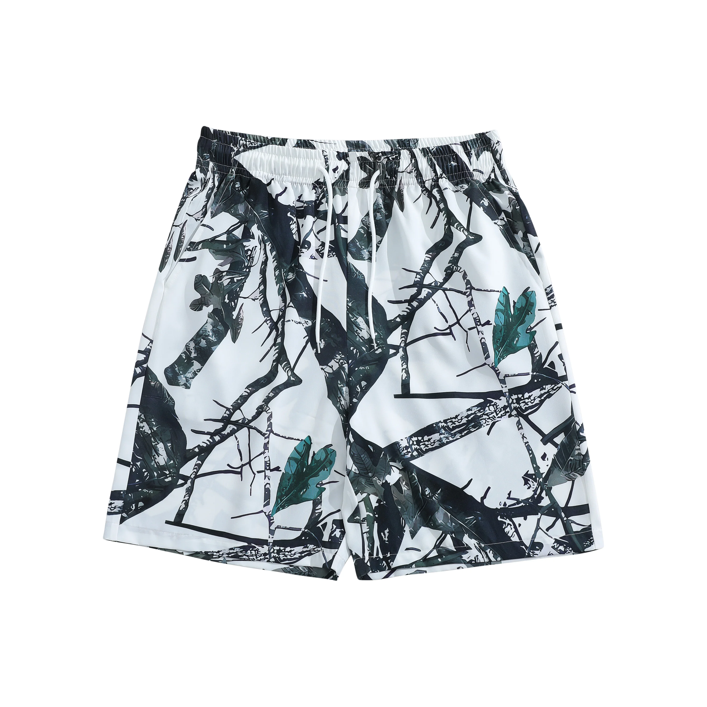 

Mens Casual Shorts White with Black Green Leaf and Twig Pattern Elastic Drawstring Waist Loose Fit Minimalist Everyday Pants
