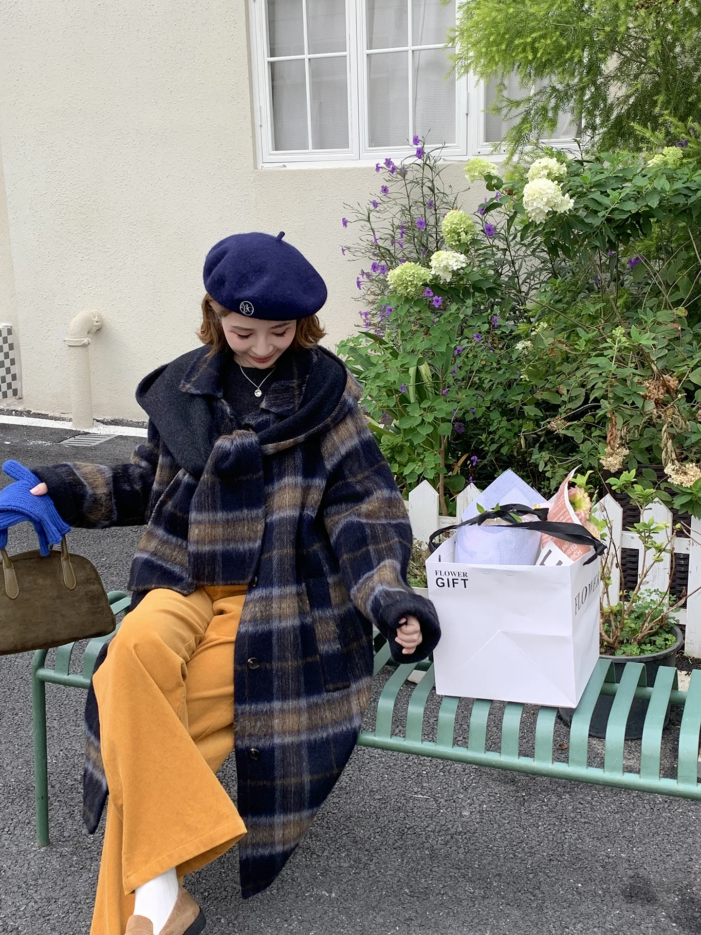 

ELINSU Женское двустороннее шерстяное пальто ручной работы в клетку, осенне-зимнее, утепленное, средней длины, с длинными рукавами, на одной пуговице