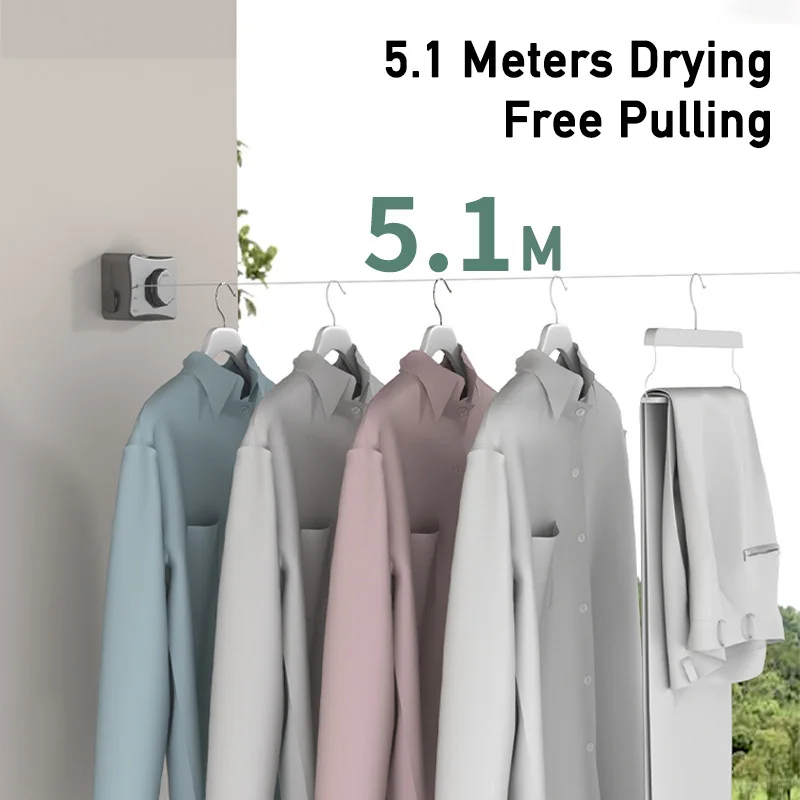 5.1m Retractable Clothes Horse Stainless Steel Cloth Wire Rope Non Slip Extendable Wall Mounted Clothesline for Apartment Drying