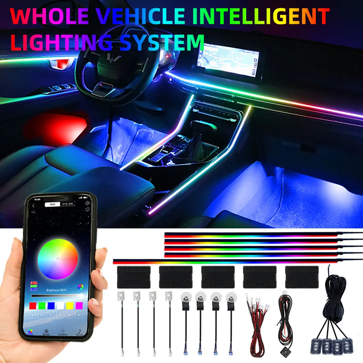 18 in 1 Full Color Symphony Car Ambient Light Interior Acrylic Guide LED Strip Light Decoration Atmosphere Lamp by APP Control