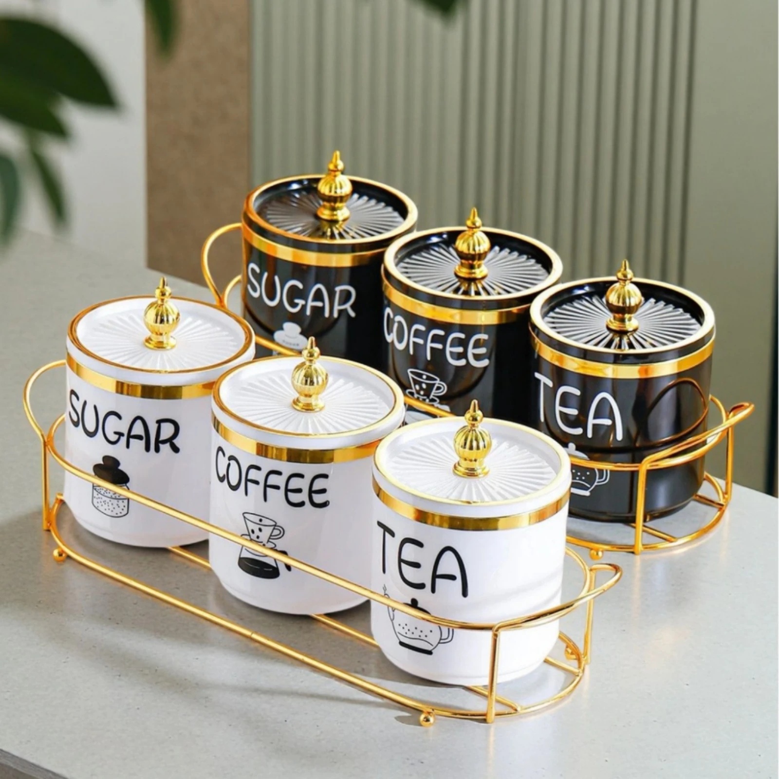 Canister Set with Rack Countertop Kitchen Storage Rack with Canisters Canisters with Lids Gold-Tone for Coffee Bar, Pantry