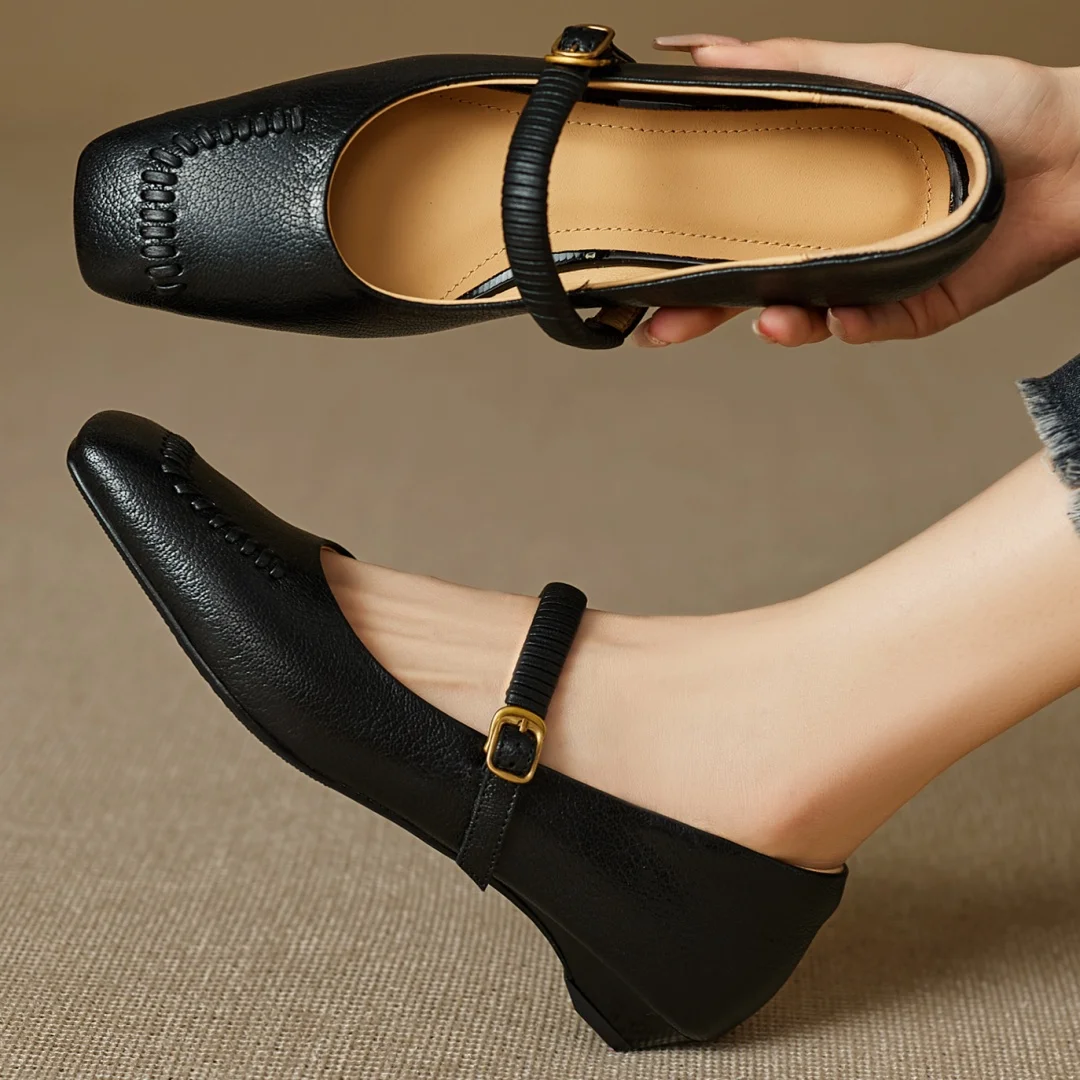 

Женские туфли Мэри Джейн на плоской подошве из овчины с квадратным носком и металлической пряжкой, элегантные женские повседневные туфли на тонком каблуке 40