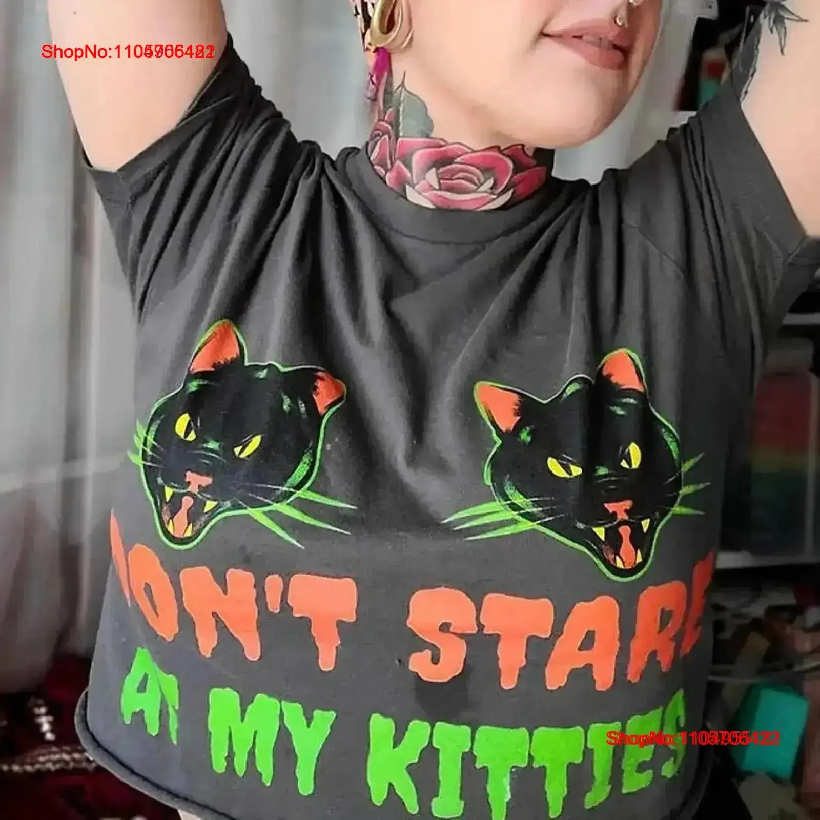 Don't Stare at My Kitties T Shirt Women's Halloween Funny Goth vintage Washed Slightly fashion designer clothes Stretched Soft