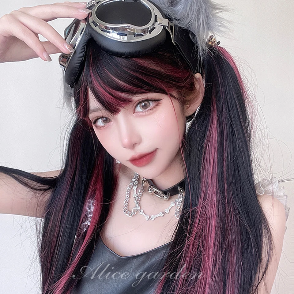 LM Long Black Mixed with Red Synthetic Wig Cosplay Lolita Harajuku Wig With Bangs Natural Wavy Halloween red Daily Wigs