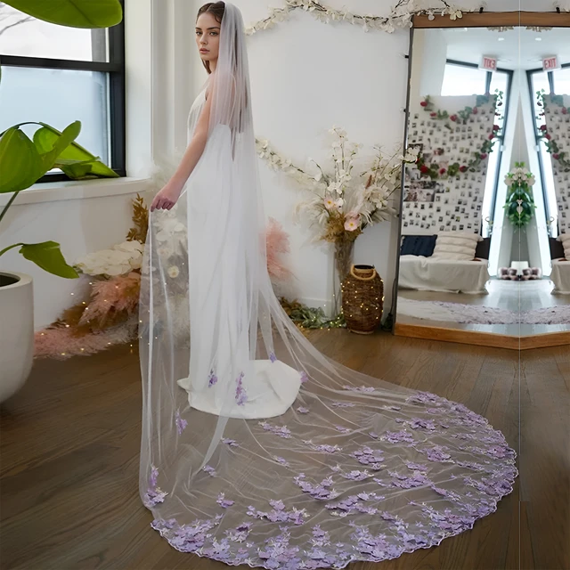 3D Flower Cathedral store Wedding Veil - Ivory Soft Tulle With Dimensional Flower Appliques, Single Tier with Bridal Comb