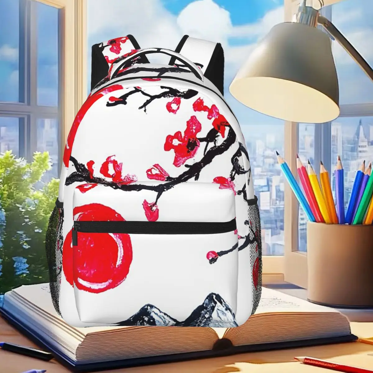 

Mountain Ink Painting And Plum Blossom Backpack Student Boys Girls BookBag Kids School Bag Computer Shoulder Bags for Men Women