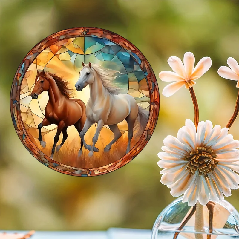 ملصق زجاجي ثابت التشبث ، ملصق نافذة لاصق مجاني ، فن تصادم التقاط أشعة الشمس ، ديكور المنزل-حصان #50