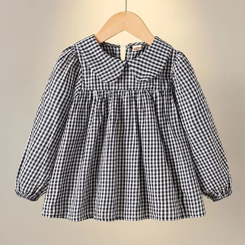 

2026 Autumn New Girl's Stylish Checkered Peter Pan Collar Long Sleeve Shirt Korean Toddler Top 100% Cotton Cute Autumn Wear