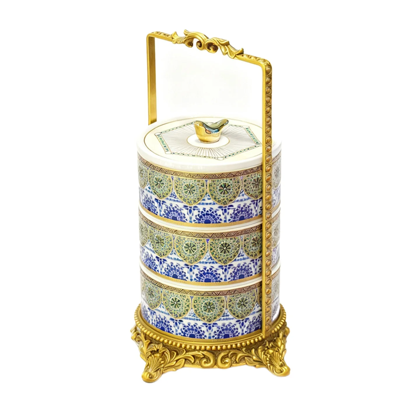 New Chinese light luxury food box, multi-layer portable high-end living room coffee table ceramic basket dim sum box storage