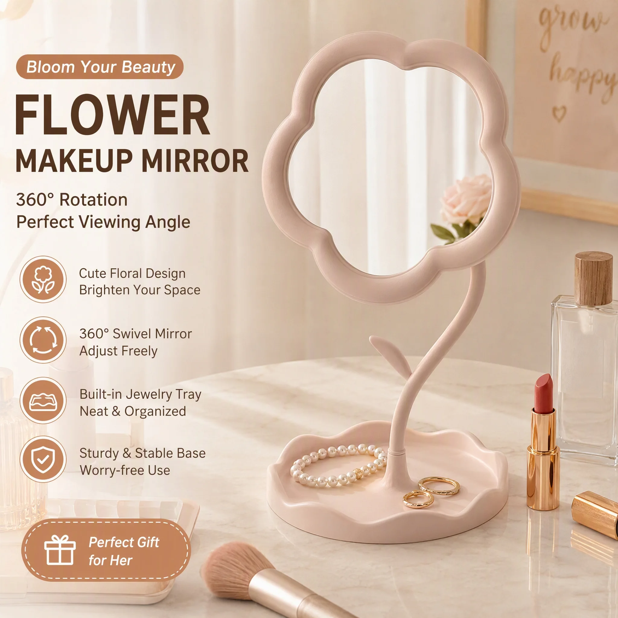 Flower Desktop Mirror Creative Aesthetic Vanity Mirror for Dorm Bedroom Home Decoration