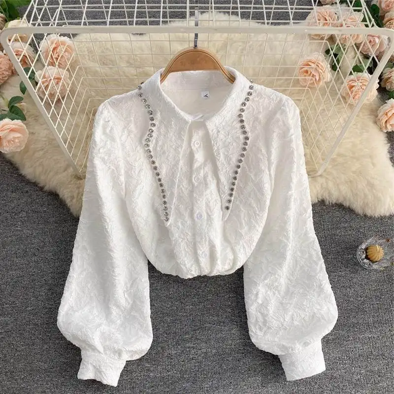 

Spring Fall Women Rhinestone Floral Lantern Sleeve Black White Coffee Top Shirt , Flower Cardigan Tops Shirts for Woman Clothing