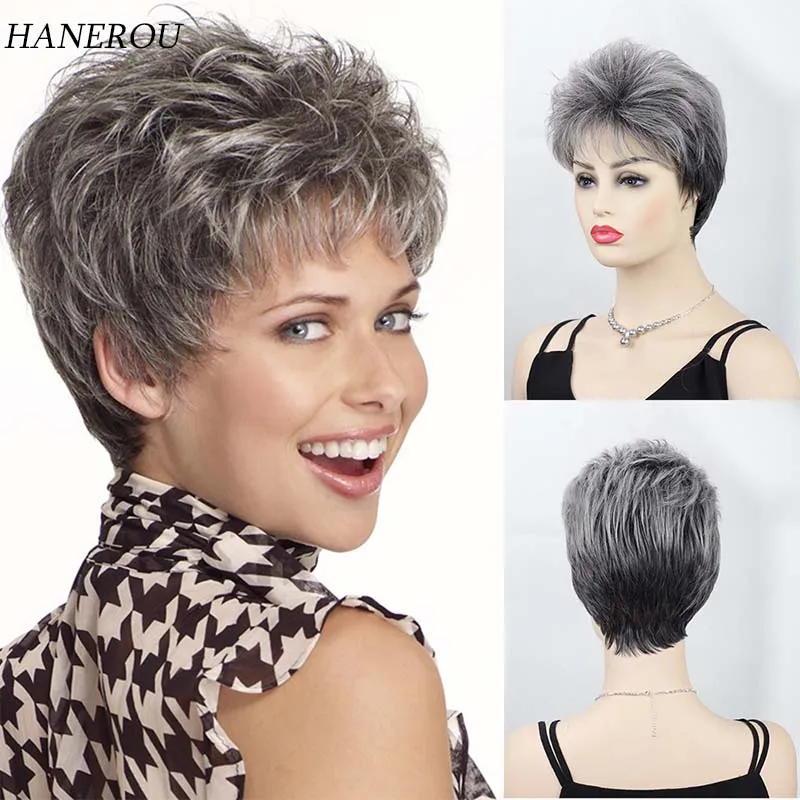 

Mixed Gray Pixie Cut Synthetic Wig for Women Grandma Short Layered Wigs with Bangs Daily Costume Party Heat Resistant