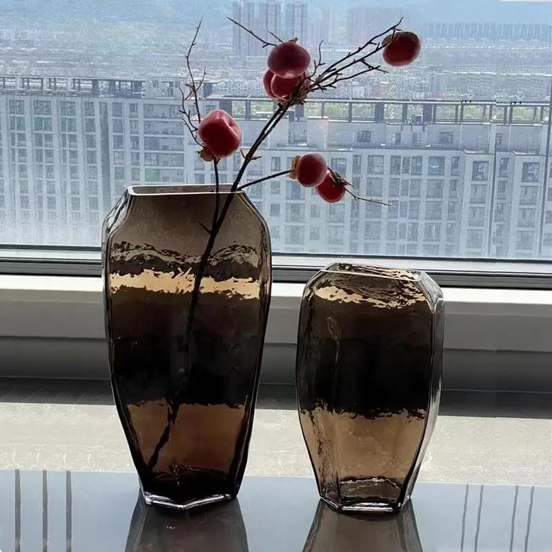 HT  Geometric large glass vase creative ice pattern water culture device home living room soft decoration