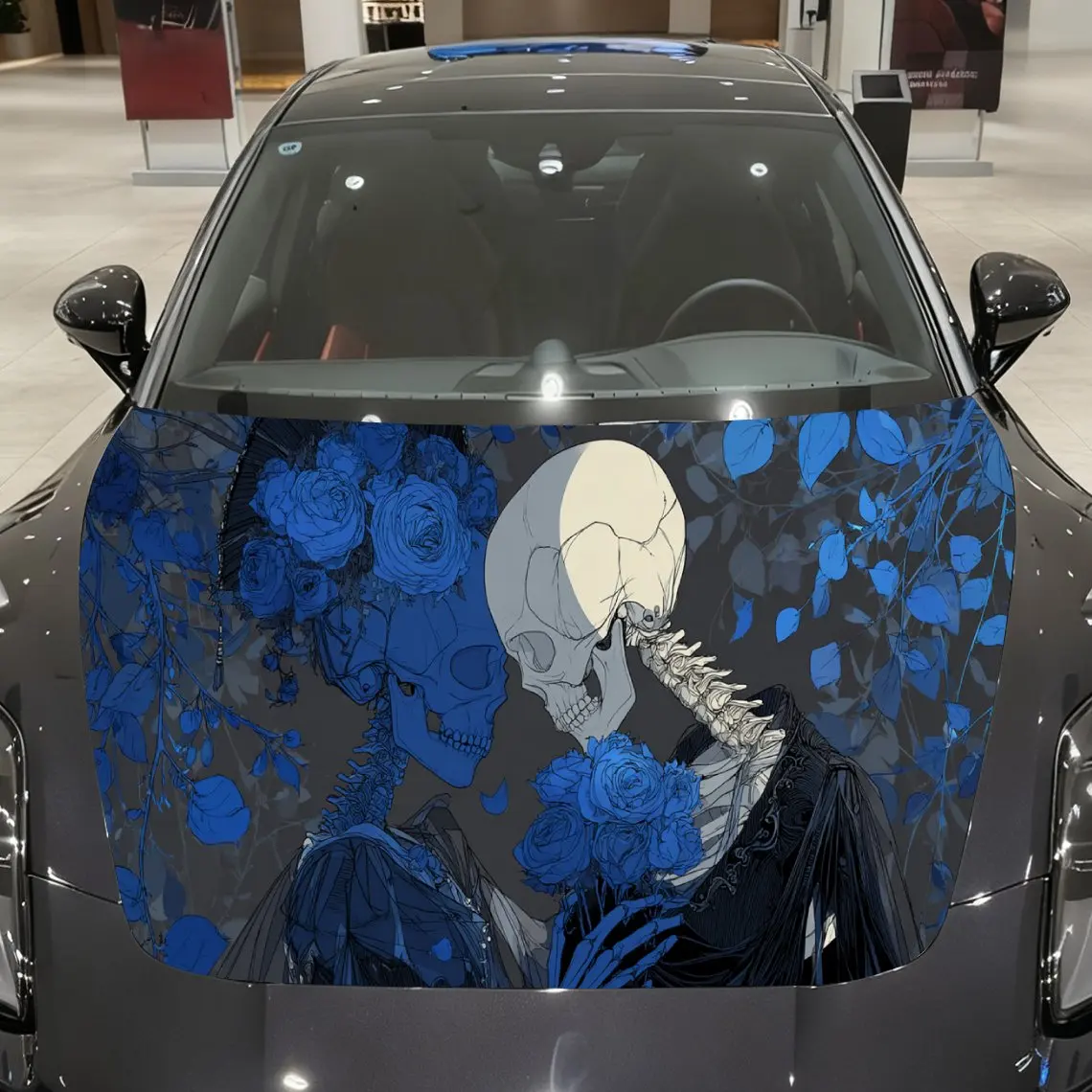 Magical Blue Skeleton Couple Car Cover Sticker, Auto Hood Decal, Car Exterior Scratch Resistant Decal, Trendy Gift for Car Lover