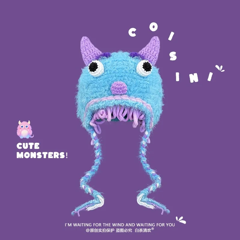 Niche-gorro tejido con pequeño monstruo para mujer, gorros de felpa cálidos con protección para los oídos, gorros de bombardero de tendencia, otoño e invierno