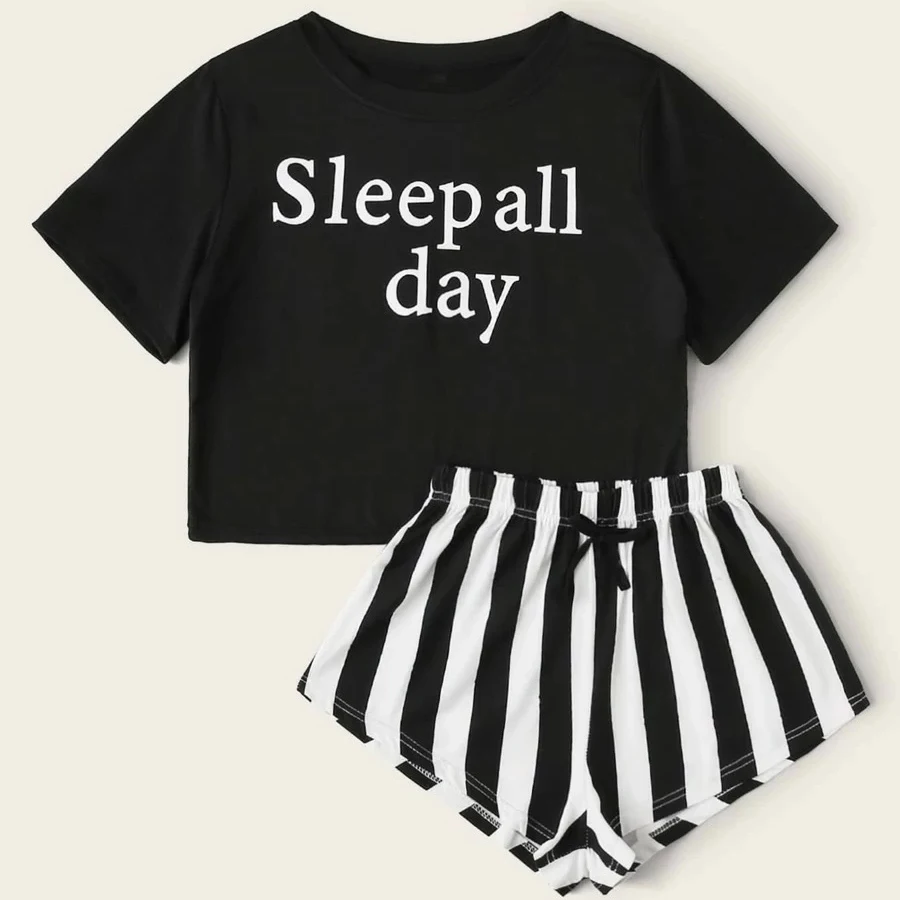 Women\'s Pajama Set Round Neck Sleepwear Letter Print T-shirt Top Stripe Shorts Girls Fashion Elegant Loungewear Outfits Summer