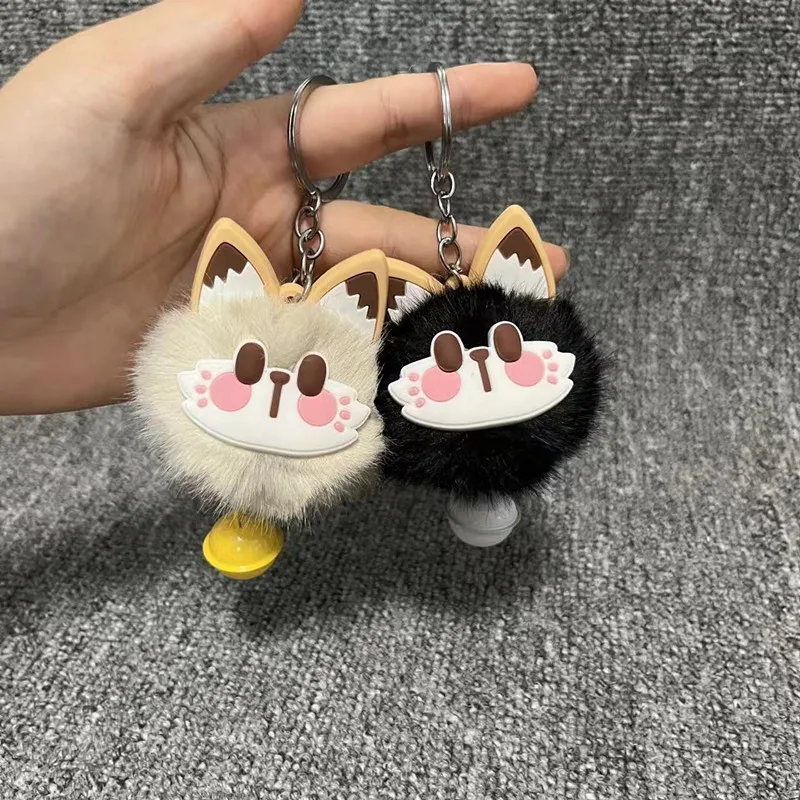 모조 렉스 토끼털 귀여운 행운의 고양이 벨 장식 플러시 펜던트 키체인 가방 펜던트 다용도 키체인