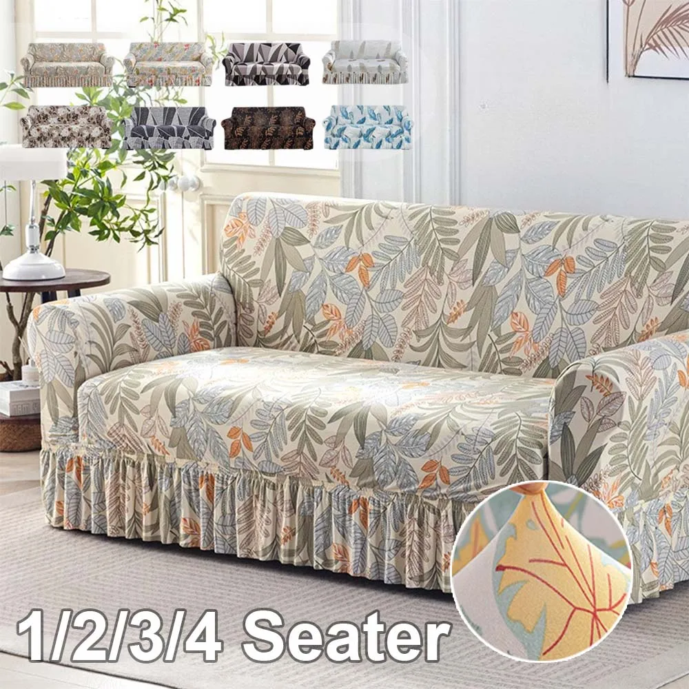 Floral Printed Stretch Sofa Cover with Skirt Non Slip Universal Full Wrap Armchair Couch Protector for Living Room Bedroom Decor