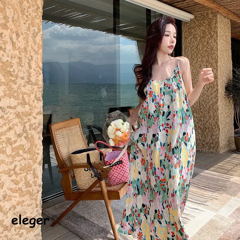 2024 New Summer Women\'s Vacation Beach Dress Korean Midi Long Elegant Gentle Girl Simple Bohemian Casual Vintage Style Dresses