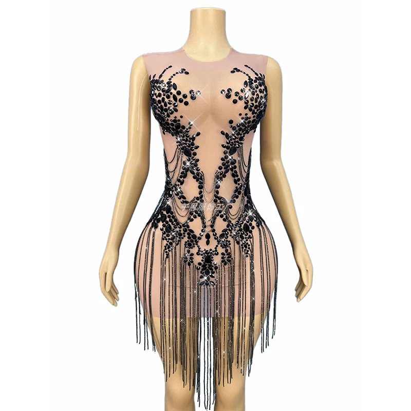 2025 Black Rhinestone Fringe Dress Women Stage Costume Sexy Short Dresses Party Show Rave Outfit Nightclub Ds Gogo Dancewear yk