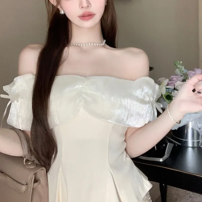 

Women's Blouse Summer French Sweet One-shoulder Bow Tie Short Sleeve Chiffon Slim Dew Neck Bubble Sleeve Short Sleeve Top