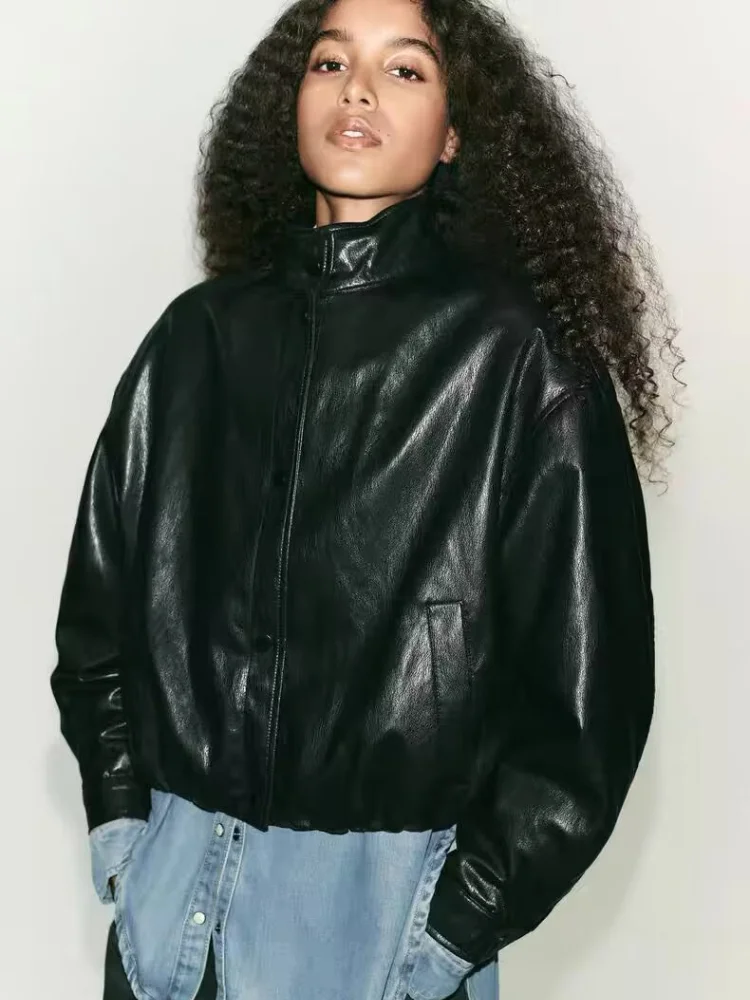

Lady Fall High Street Pu Leather Jacket Retro Lapel Zipper Pilot Jacket 2025 Spring Autumn Fashion Elegant Casual Women Jacket