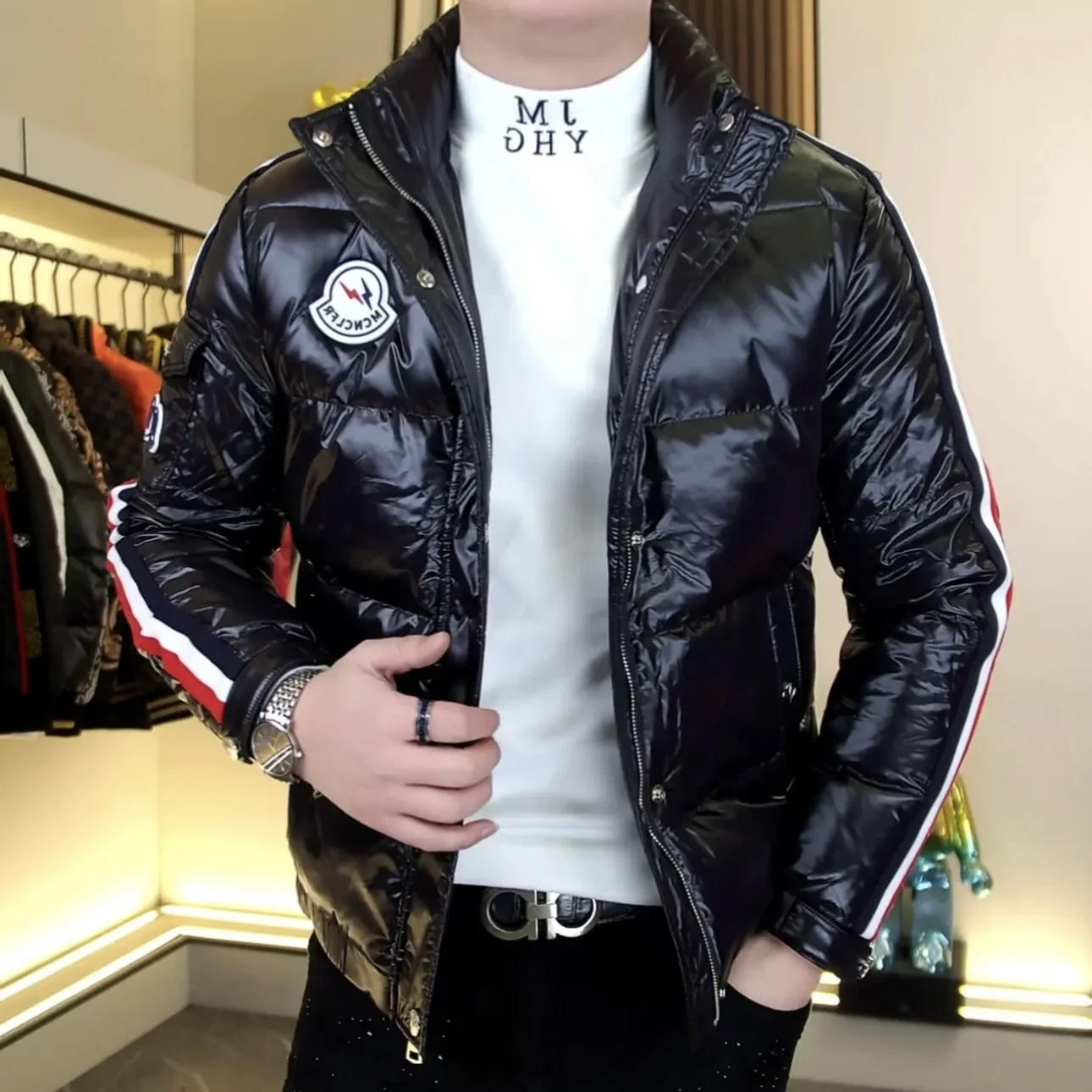 

Мужская зимняя мода, облегающая стеганая куртка с воротником-стойкой, лоскутный ремень, прочный, теплый, городской, повседневный, с застежкой-молнией