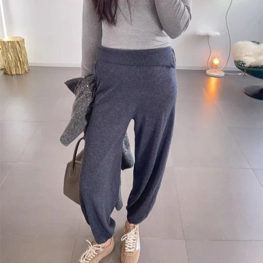 100% Sheep Wool Button Waist Loose Casual Puff Pants Wool Knit Pants