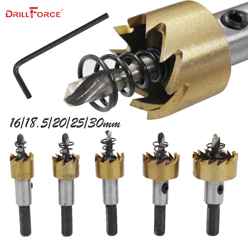 

Набор корончатых сверел из быстрорежущей стали Drillforce, 5 шт., Металлические фрезы из нержавеющей стали, набор коронок 16/18, 5/20/25/30 мм + 5 гаечных ключей