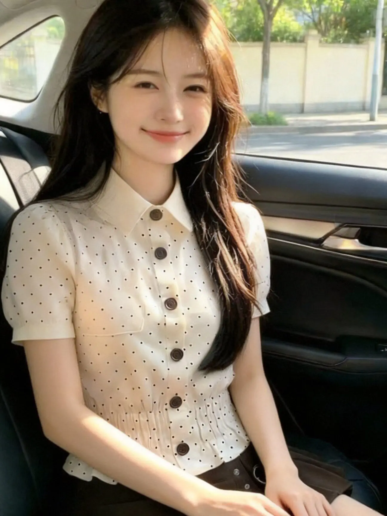 

Sweet Lace Trim Bubble Sleeve Polka Dot Shirt Women's Short Waist Cinching Design Sensation Trendy Top City Walk Fashion