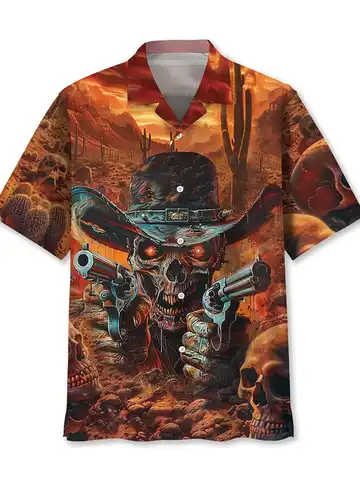 Men's Shirt Summer Casual Fashion Short Sleeve 3D Printed Denim Skull Gun Print Men's Hawaiian Lapel Single Breasted Shirt