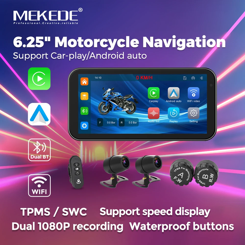 

MEKEDE U.S. Warehouse 6.25inch Dual BT Linux system Portable Motorcycle GPS LCD Display IPX67 Waterproof CarPlay Plug and play