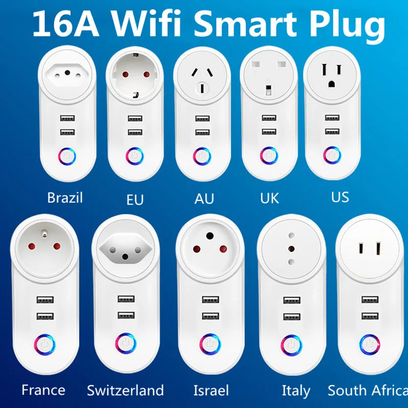 WiFi Smart Plug 16A EU AU UK Brazil Socket + 2.1A Dual USB Charger Tuya Smart Life APP Alexa Google Home Assistant Voice Control