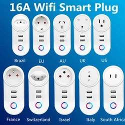 WiFi Smart Plug 16A EU AU UK Brazil Socket + 2.1A Dual USB Charger Tuya Smart Life APP Alexa Google Home Assistant Voice Control