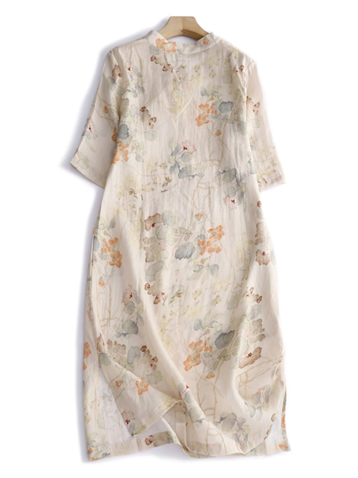 الرجعية الصينية Sle فضفاضة تناسب الخامس ن شق مطبوعة الكتان الدكتور زر اللؤلؤ الجانب زر f Sve ثوب الصيف ألف خط تنورة #2