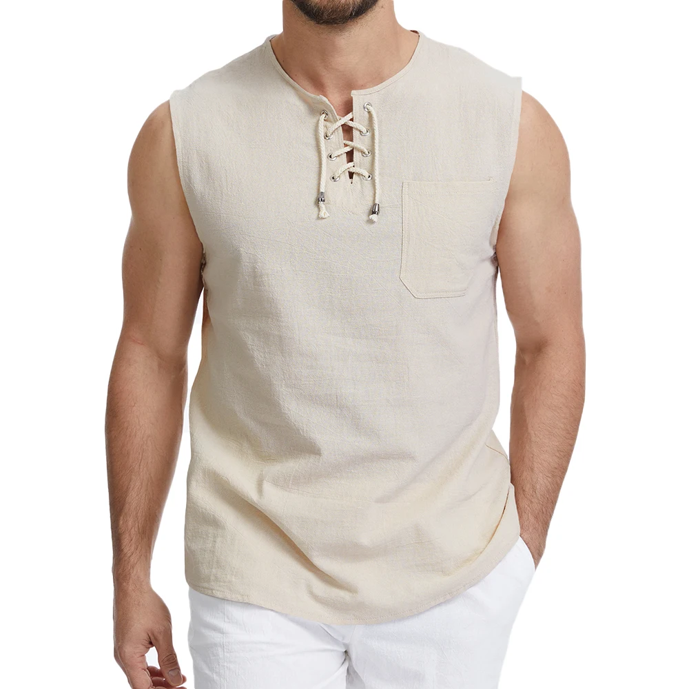 Men's Summer Sleeveless T-shirt Breathable Lightweight Casual Cotton Linen Tees Stylish V-neck Lace-up Design Classic Tank Tops