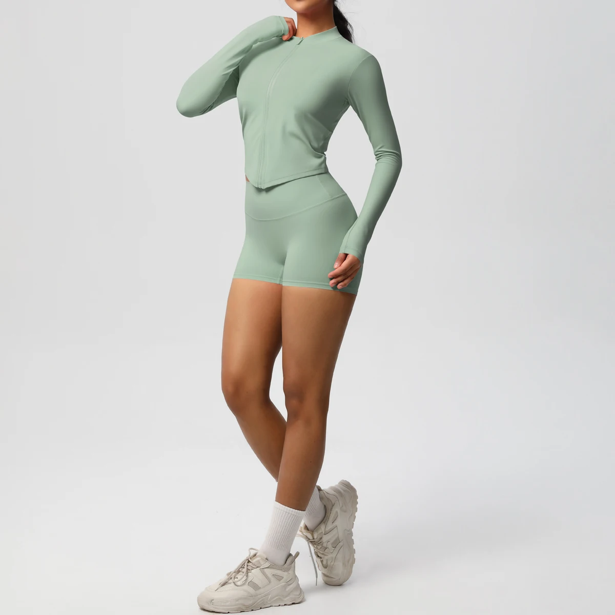 

New Summer Zipper Coat Shorts Yoga Set Woman Sports Fitness Clothing Solid Color Gym Lifting Sports Long Sleeves Yoga Shorts Set