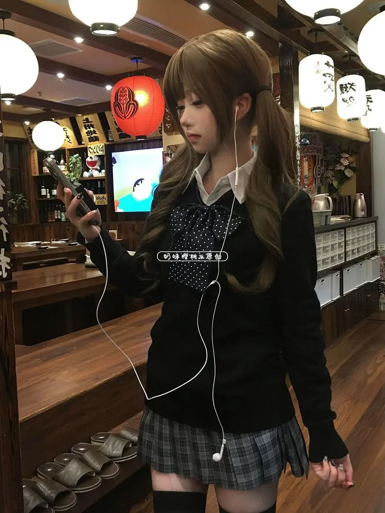 

Оригинальный вязаный свитер с длинными рукавами, универсальный, стройнящий, осенне-зимний, в студенческом стиле, модный комплект с принтом в горошек