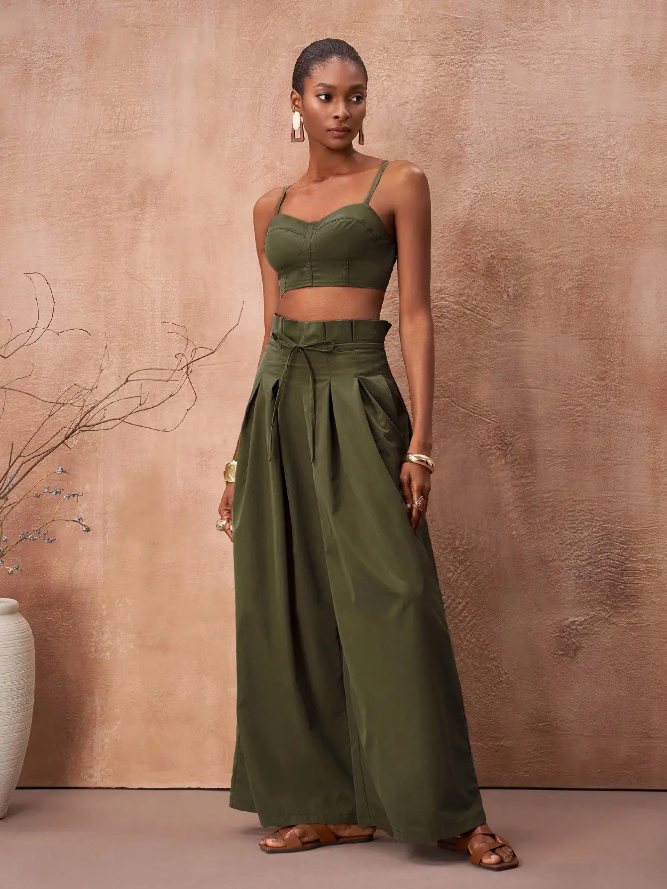 

Military Green 2 Piece Set: Suspender Top With Pockets And Wide Leg Pants