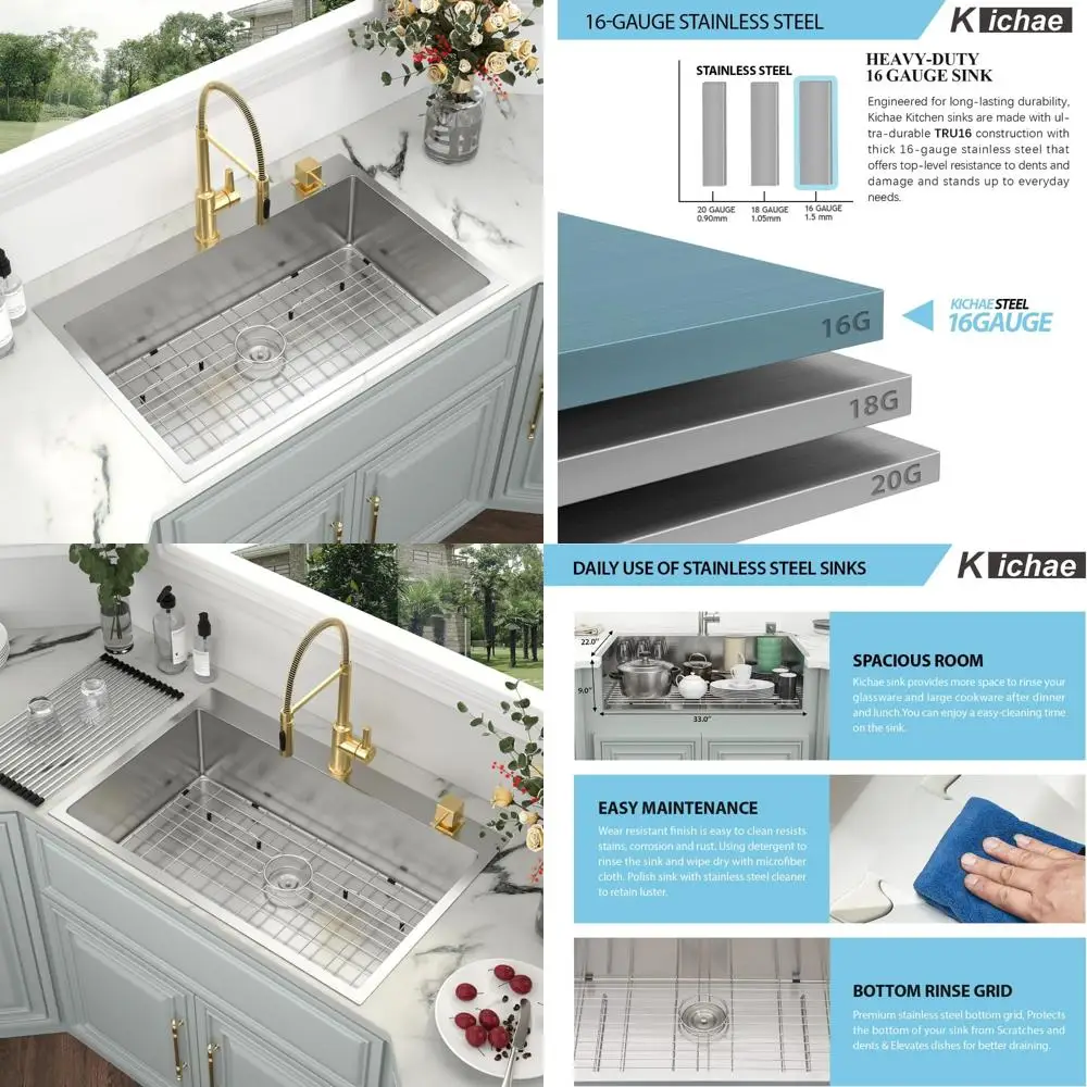 

Stainless Steel 33x22 Inch Single Bowl Drop-In Kitchen Sink with Round Corner Basin for Topmount Installation