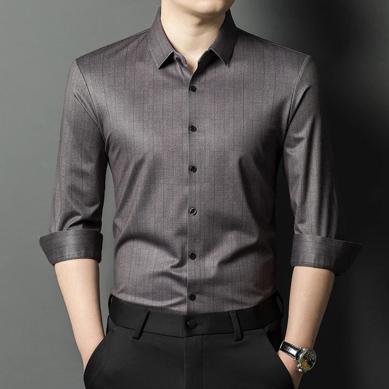 

Skin-Friendly Silky Gentleman Formal Shirt Long Sleeve Men Clothes Spring Quality Seamless Anti-Wrinkle Casual Camisas De Hombre