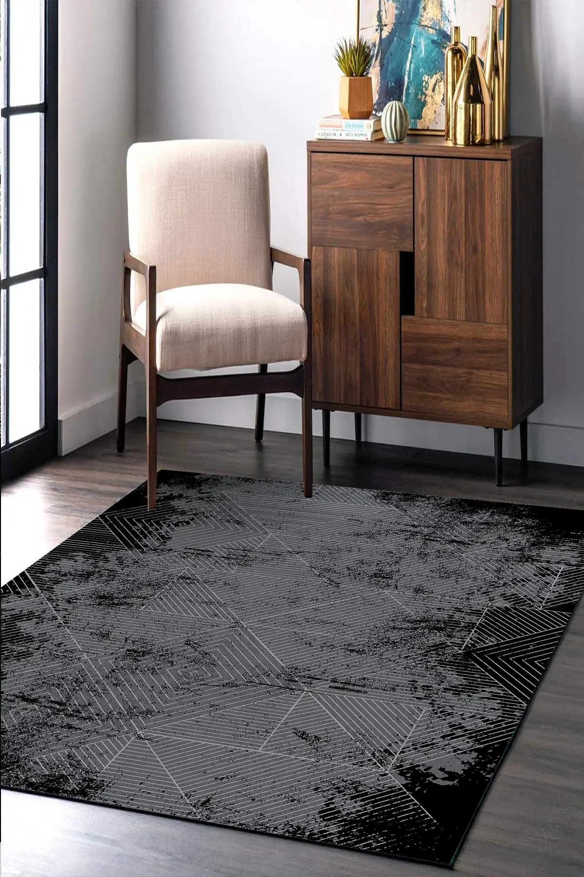 

DOLBOVI digital printed non-slip base washable geometric Des. Black passage anthracite carpet yolt-d1185